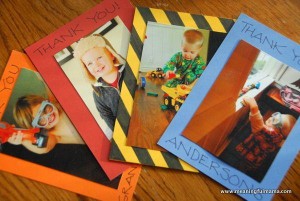 Make Homemade Thank You Cards with Kids Wearing or Playing with What they are Thankful for