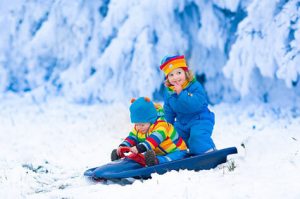 kids playing with sleigh in snow