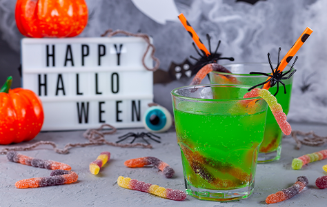 spooky mocktail with gummy worms inside